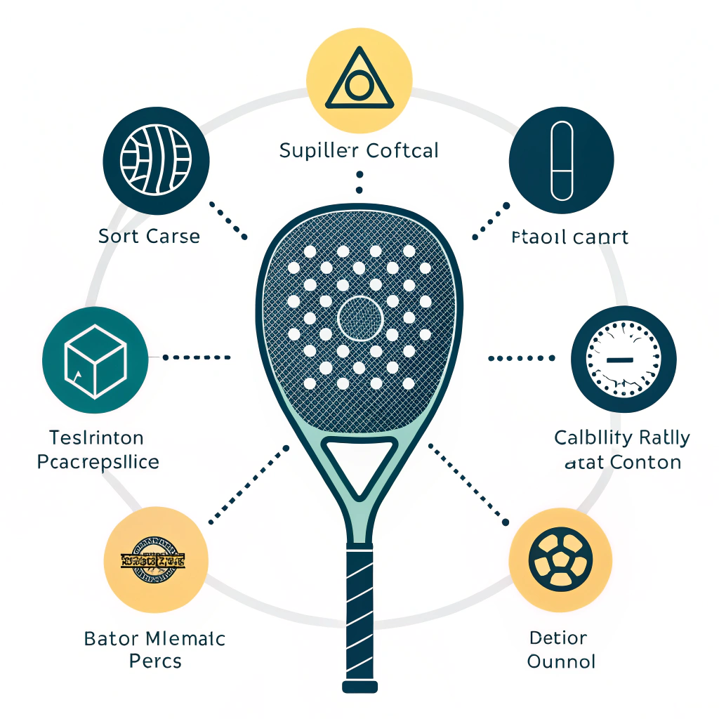 Flat infographic of padel racket cross-section with icons for materials, cores, shapes, supplier checks.
