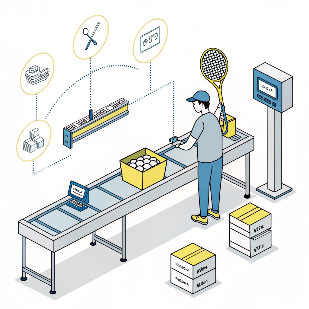 Flat factory scene showing racket quality control with inspectors, scale, caliper, and compression tester
