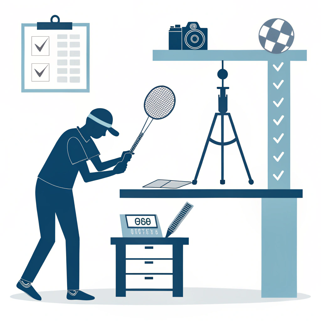 Minimal illustration of lab testing, inspection, impact test and visual QC for padel rackets