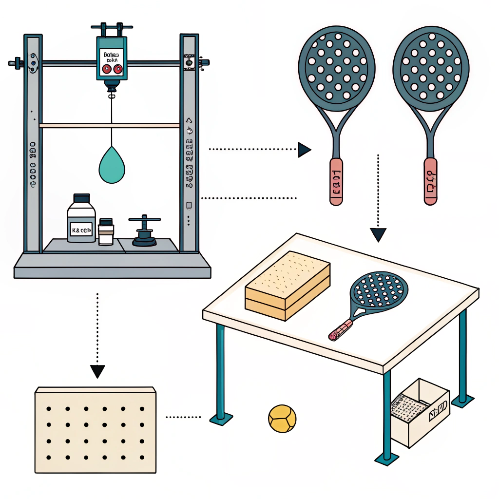 Padel Racket Production Flow Padel racket manufacturing process with tools, materials, and assembly table