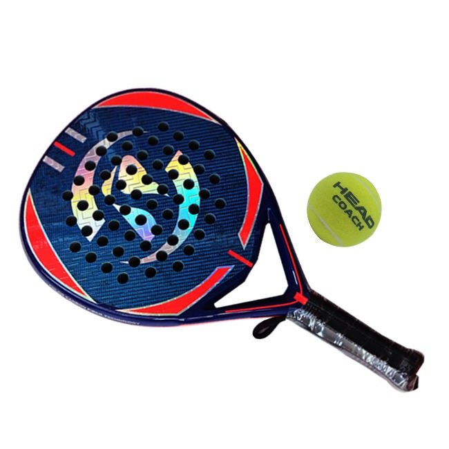 blue-red-padel-racket blue and red carbon fiber padel racket with yellow ball on white background
