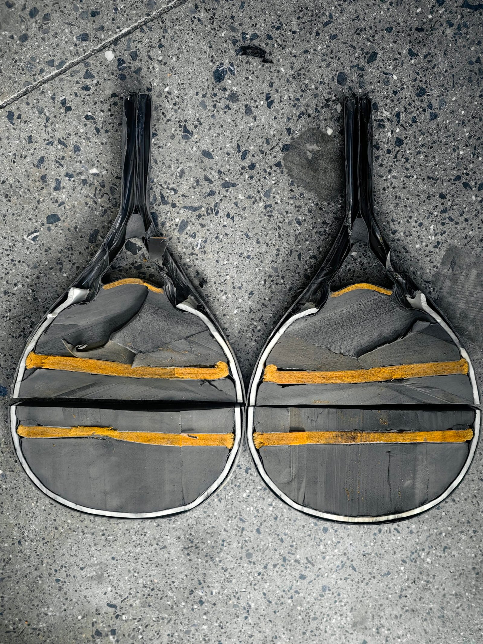 padel racket core cut-open padel rackets showing internal foam core and carbon structure on factory floor