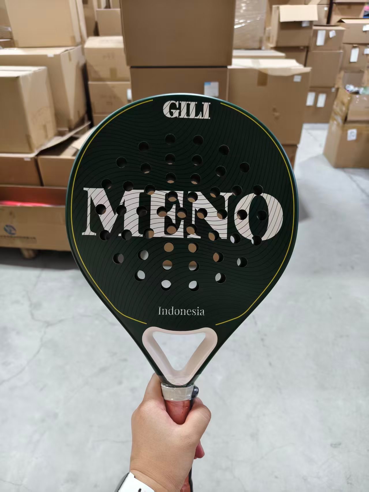 GILI MENO custom OEM padel racket - front view, forest green fiberglass
