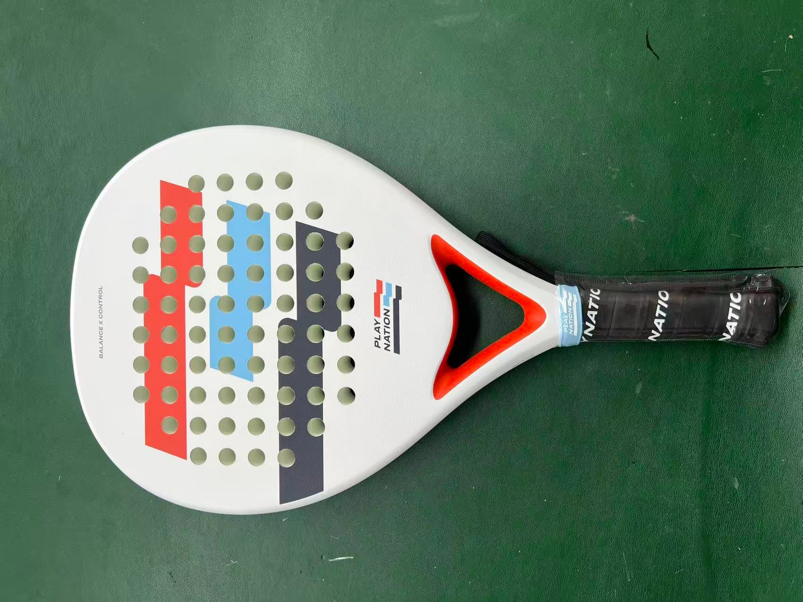 Play Nation OEM padel racket - white fiberglass with tricolor logo